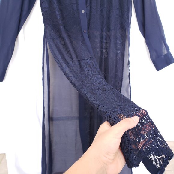 The Line of Style Navy Blue Mesh Lace Pattern Unique Design Long Blouse Size S - Picture 10 of 15